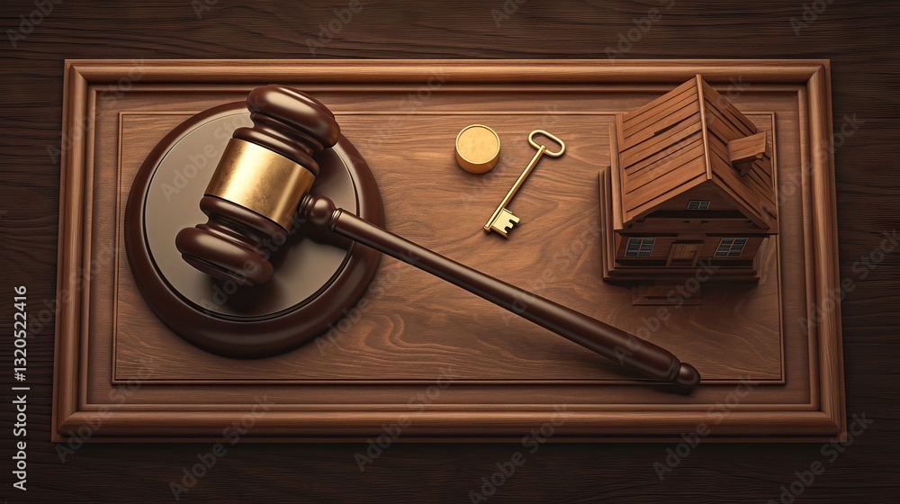 Wooden house model with gavel and key on wood surface representing foreclosure, bankruptcy, and real estate financial issues