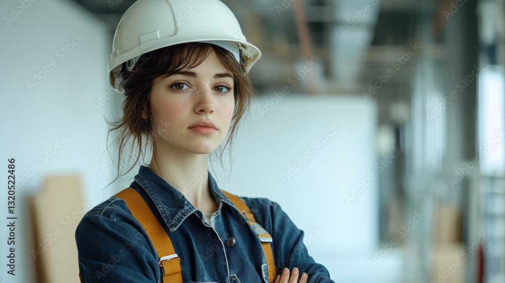 A determined woman, clad in a protective helmet and sturdy overalls, stands amidst a pristine white backdrop, her gaze directed towards the horizon, symbolizing resilience and innovation. The scene A determined woman, clad in a protective helmet and sturdy overalls, stands amidst a pristine white backdrop, her gaze directed towards the horizon, symbolizing resilience and innovation. The scene