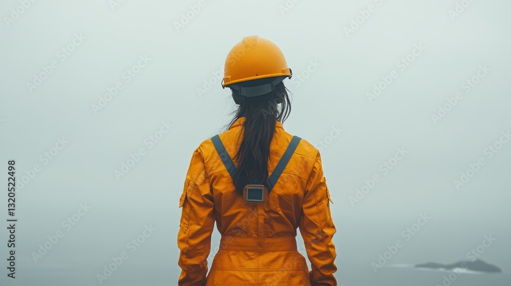 A determined woman, clad in a protective helmet and sturdy overalls, stands amidst a pristine white backdrop, her gaze directed towards the horizon, symbolizing resilience and innovation. The scene A determined woman, clad in a protective helmet and sturdy overalls, stands amidst a pristine white backdrop, her gaze directed towards the horizon, symbolizing resilience and innovation. The scene