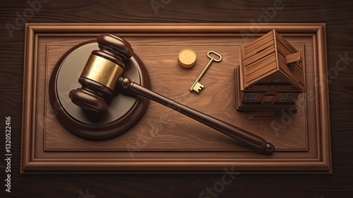 Wooden house model with gavel and key on wood surface representing foreclosure, bankruptcy, and real estate financial issues