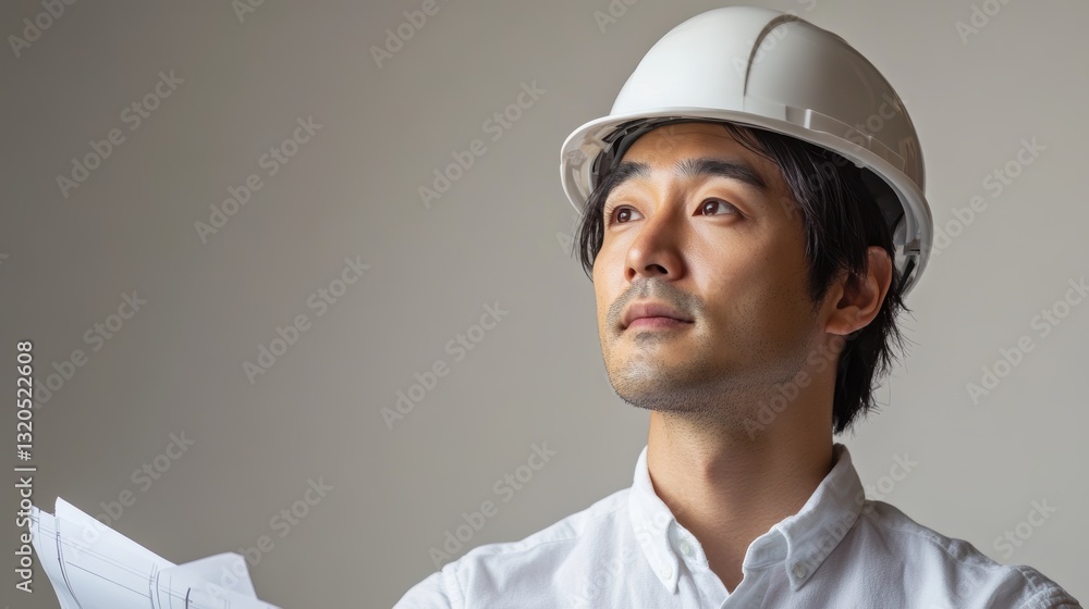 A young Asian architect, his brow furrowed in concentration as he meticulously studies blueprints, stands confidently against a pristine white studio backdrop, his hard hat a symbol of both authority A young Asian architect, his brow furrowed in concentration as he meticulously studies blueprints, stands confidently against a pristine white studio backdrop, his hard hat a symbol of both authority