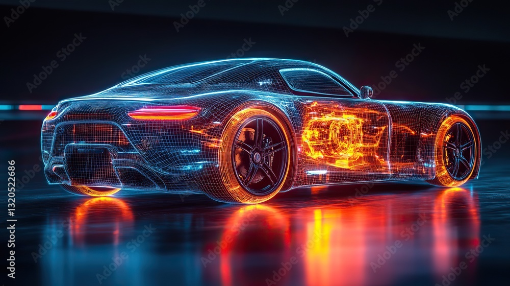 A futuristic sports car's glowing wireframe model, set against a dark background, reveals its engine and other internal components. A futuristic sports car's glowing wireframe model, set against a dark background, reveals its engine and other internal components.