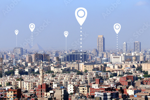 Planning a tourist trip. Top view of Cairo with Great Pyramids and location pin. Travel way,  find trip, point navigation concept. Global positioning system pin map. Modern travel, sightsee, tourism