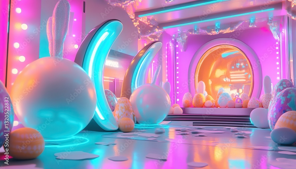 Futuristic Easter Scene with Glowing Neon Lights and Bunny Eggs Futuristic Easter Scene with Glowing Neon Lights and Bunny Eggs