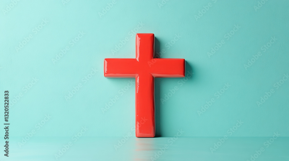 Fototapeta premium Vibrant red cross against a bright turquoise background creating a striking contrast and minimalist artistic appeal