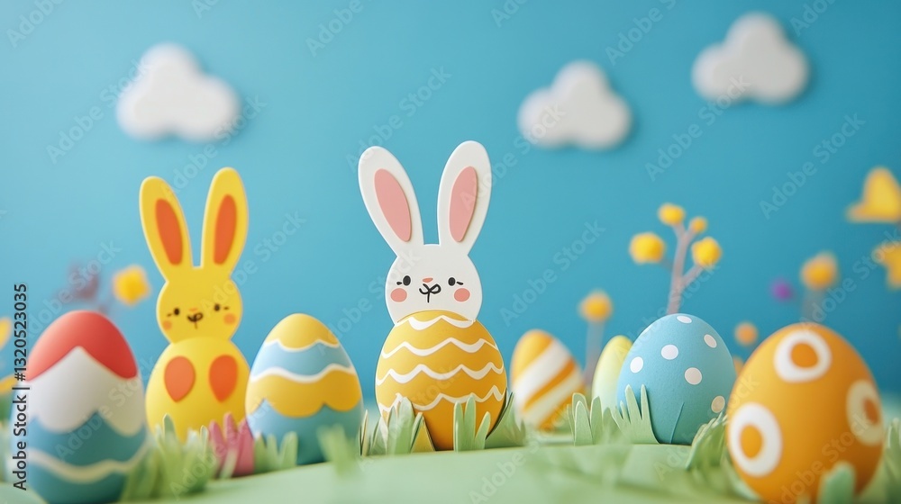 Fototapeta premium Paper Craft Easter Bunnies and Decorated Eggs on a Spring Meadow