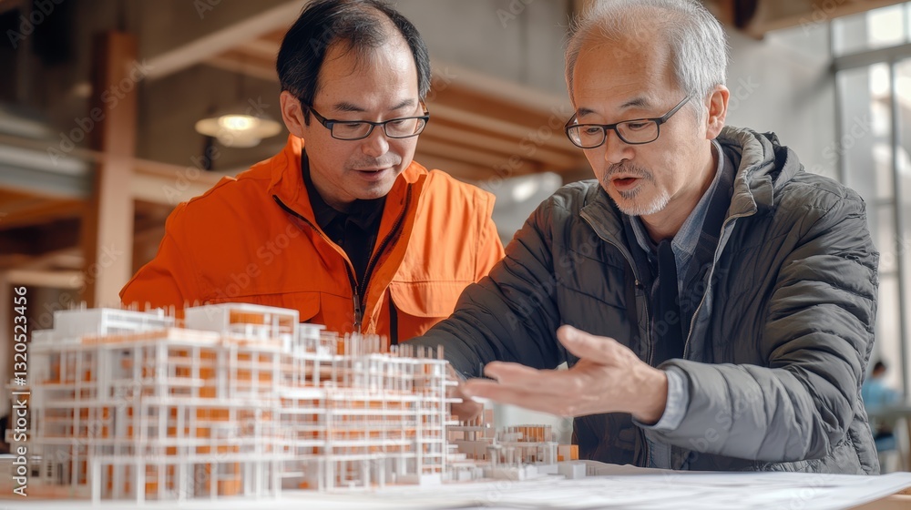 On an architect site, a construction engineer and architect engaged in a vibrant exchange of ideas, poring over blueprints and a meticulously constructed building model, while simultaneously checking On an architect site, a construction engineer and architect engaged in a vibrant exchange of ideas, poring over blueprints and a meticulously constructed building model, while simultaneously checking