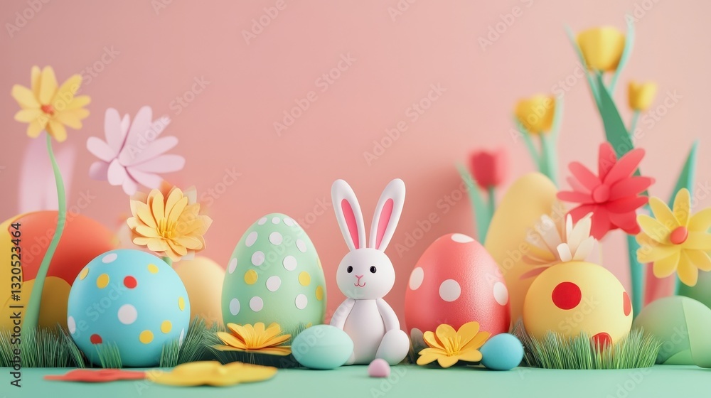 Obraz premium Pastel Paper Easter Bunny with Colorful Eggs and Flowers