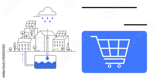 Raindrops collected across buildings with rooftop systems and water storage beside a digital shopping cart. Ideal for sustainability, water conservation, urban planning, e-commerce, eco-friendly