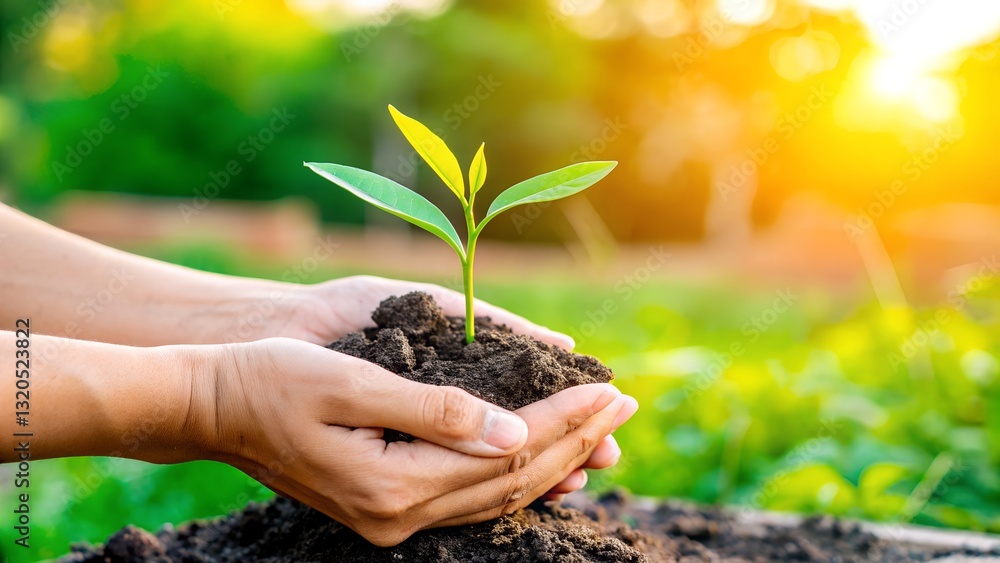 Hands Holding Young Green Seedling in Soil – Concept of Growth, Sustainability, Environmental Conservation, and Nature Protection with Sunlight in a Natural Garden. Hands Holding Young Green Seedling in Soil – Concept of Growth, Sustainability, Environmental Conservation, and Nature Protection with Sunlight in a Natural Garden.
