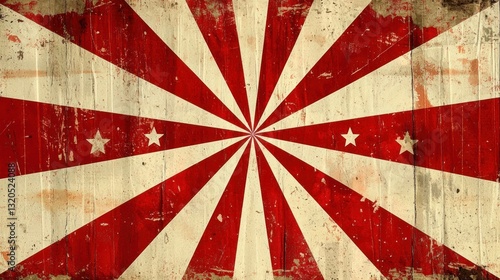 Red and white starburst pattern design on worn wooden planks