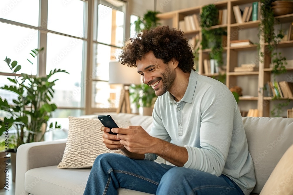 Happy Young Man Using Smartphone on Cozy Couch in Stylish Living Room Happy Young Man Using Smartphone on Cozy Couch in Stylish Living Room