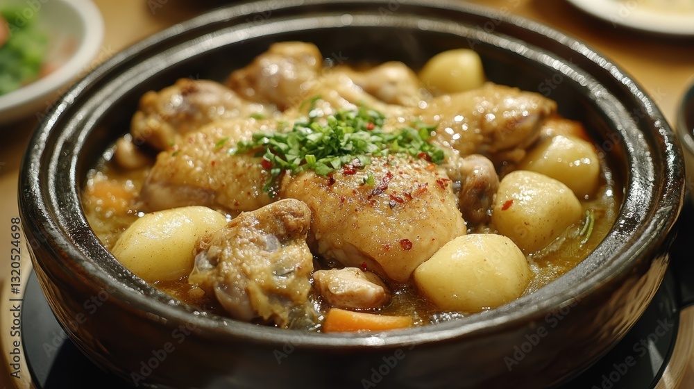 Aromatic coconut milk chicken, a symbol of prosperity and joy, stews in a rich broth, its tender pieces infused with fragrant spices, a perfect dish to celebrate Eid or Lebaran Day.