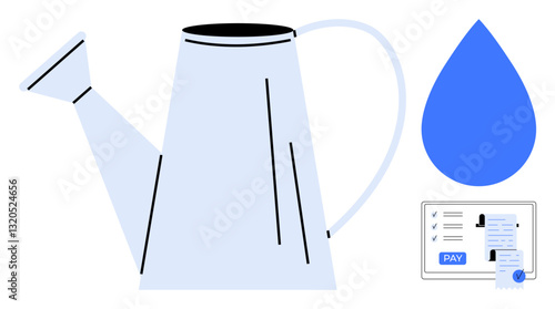 Watering can, blue water drop, and payment document. Ideal for growth, finance, investment, nurturing ideas, online payments sustainability and resource management themes. An abstract line flat