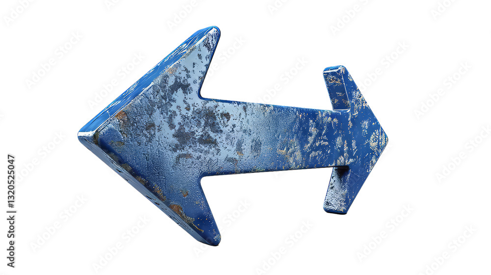 Fototapeta premium Distressed Blue Metal Arrow, Weathered Navigation Symbol on Transparent Background