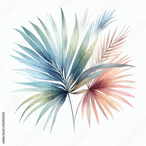 Watercolor painting of tropical palm leaves in soft pastel colors, evoking a serene botanical feel
