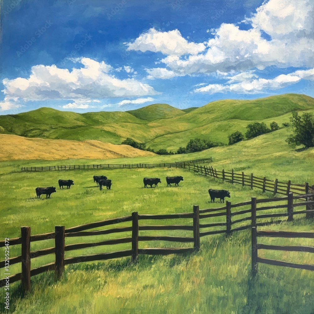 Cattle ranch with fenced pasture Cattle ranch with fenced pasture