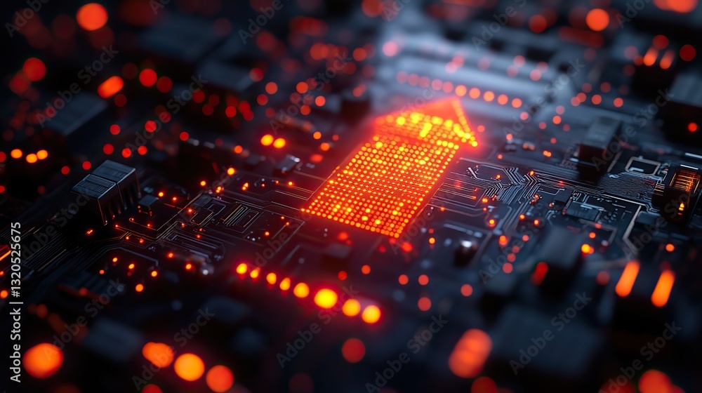 A glowing red arrow, upward pointing, overlays a futuristic blue lit circuit board, symbolizing growth, success, financial progress, and market potential. A glowing red arrow, upward pointing, overlays a futuristic blue lit circuit board, symbolizing growth, success, financial progress, and market potential.