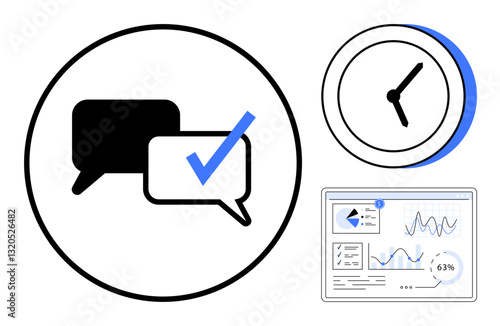 Speech bubbles with checkmark emphasize communication. Clock highlights time management. Analytical dashboard showcases data insights. Ideal for project planning, teamwork, productivity, analysis