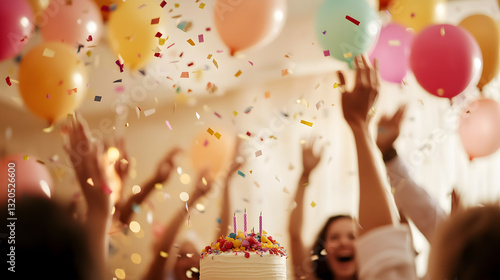 A dynamic birthday party moment captured in motion, with confetti floating through the air. The room is filled with vibrant balloons and swirling streamers. The joyful energy is evident as people