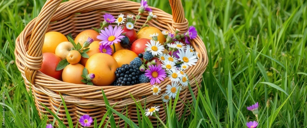 A wicker basket overflows with vibrant fruits and wildflowers, nestled amongst lush green grass, carrots, daisy A wicker basket overflows with vibrant fruits and wildflowers, nestled amongst lush green grass, carrots, daisy