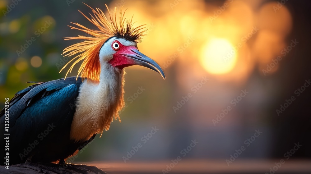 Fototapeta premium Bird with a long beak and a red head is standing on a rock. The bird is looking at the camera