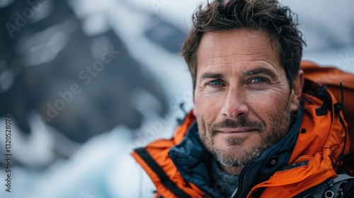 Man in orange jacket, mountain summit, thoughtful expression.  Possible use Adventure, lifestyle, outdoor