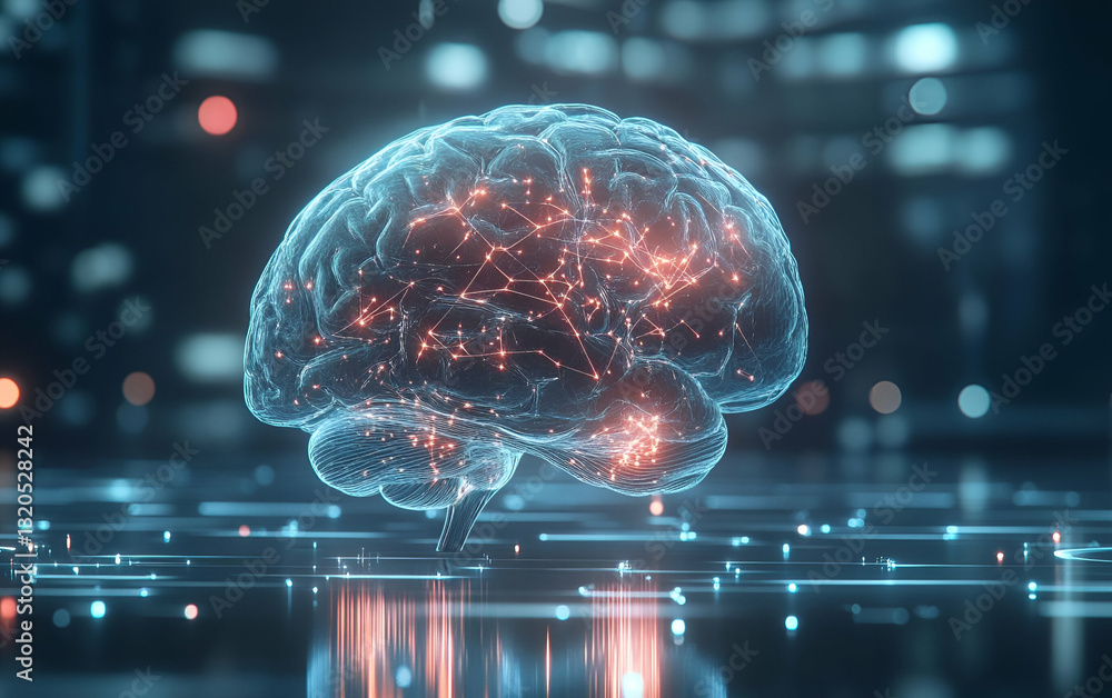 A futuristic representation of a brain showcasing neural connections and digital elements in a tech backdrop. A futuristic representation of a brain showcasing neural connections and digital elements in a tech backdrop.
