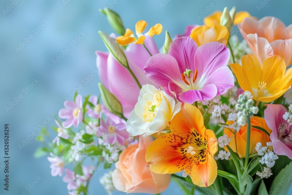Obraz premium Colorful spring flower bouquet arranged delicately against a gentle, soft backdrop