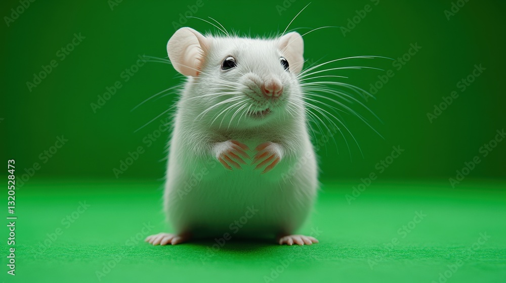 White rat on a green surface, with a curious expression and food crumbs. White rat on a green surface, with a curious expression and food crumbs.