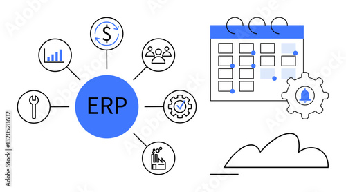Central ERP hub connecting finance, analytics, team, tools, and charts with a calendar for task planning. Ideal for business, organization, workflow, management efficiency scheduling flat simple