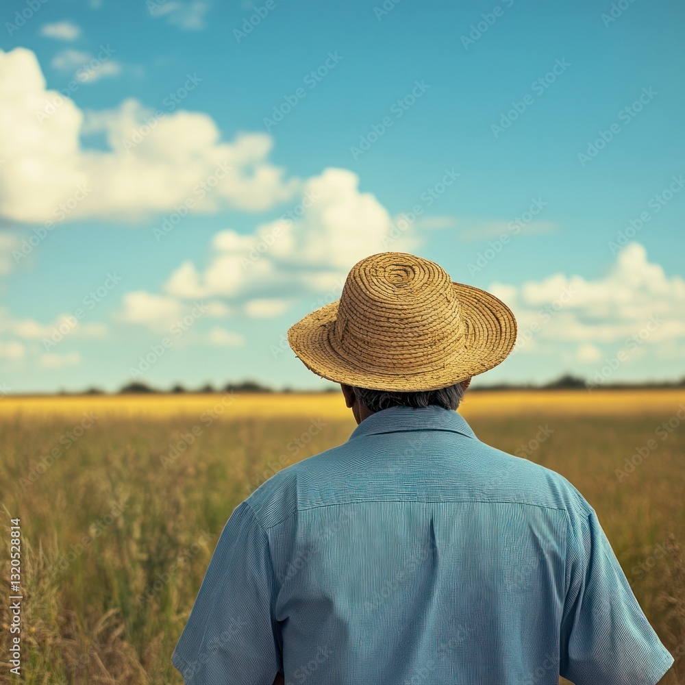Obraz premium Farmer wearing straw hat in field
