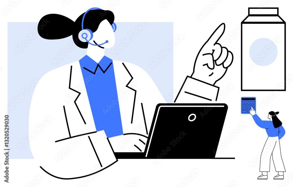 Female support agent with headset working on a laptop, pointing upwards. Woman choosing an item on a shelf. Ideal for customer service, e-commerce, tech support, online shopping, guidance Female support agent with headset working on a laptop, pointing upwards. Woman choosing an item on a shelf. Ideal for customer service, e-commerce, tech support, online shopping, guidance