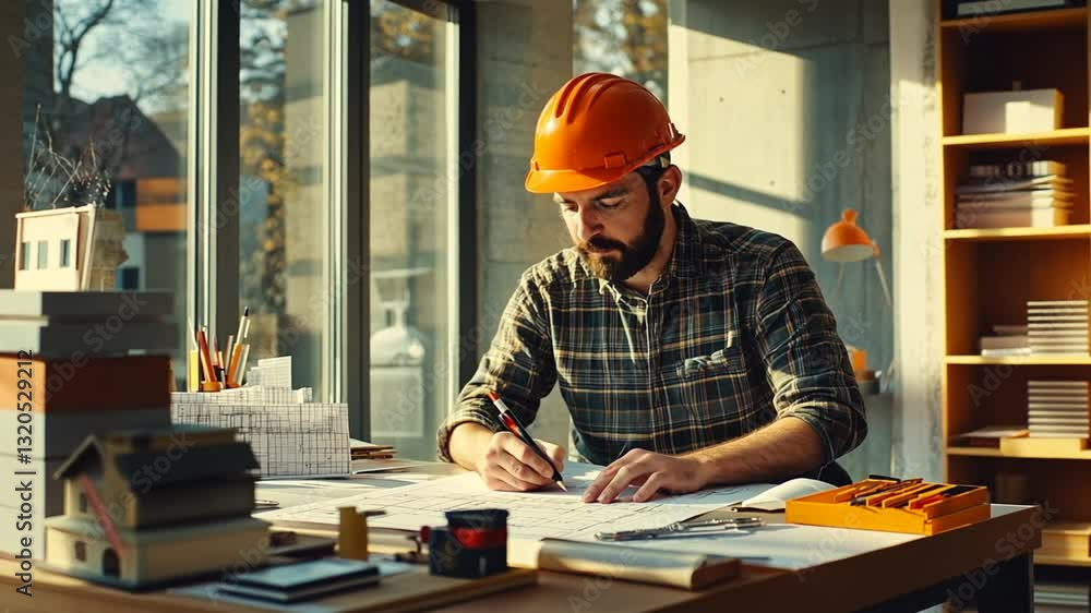 Architect Working on Blueprint Design at Desk in Modern Office, Creating and Designing Architect Working on Blueprint Design at Desk in Modern Office, Creating and Designing