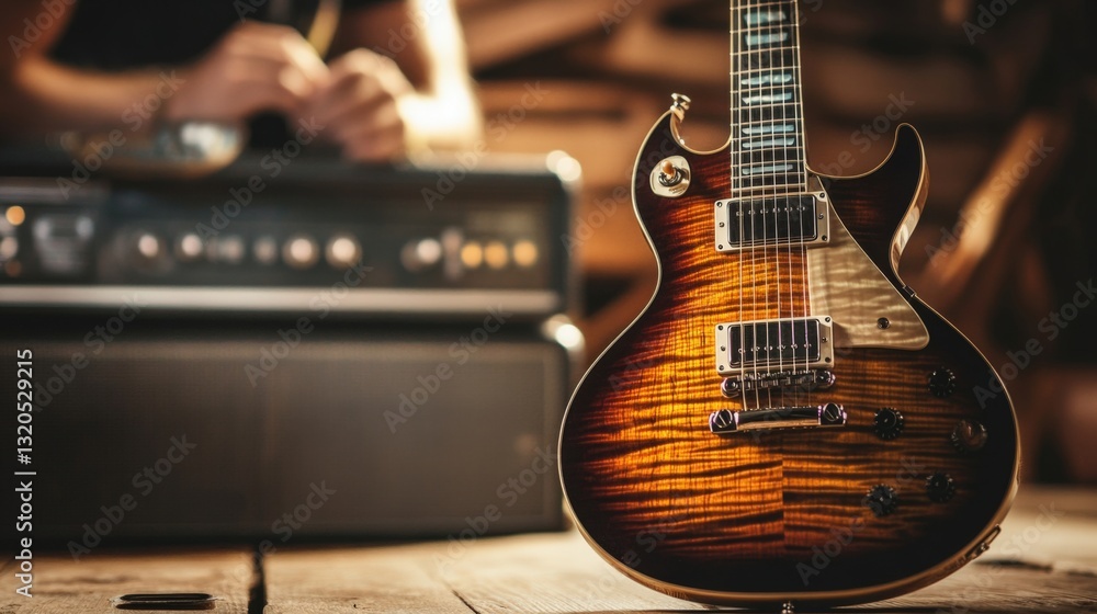 Naklejka premium Electric guitar, amplifier in a workshop