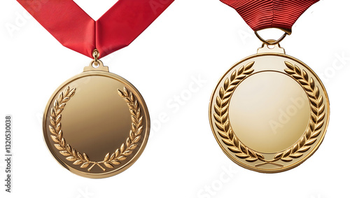 PNG Golden Achievement medal: Two shimmering golden medals, each with a laurel wreath and a scarlet ribbon, symbolize excellence and triumph,  transparent background