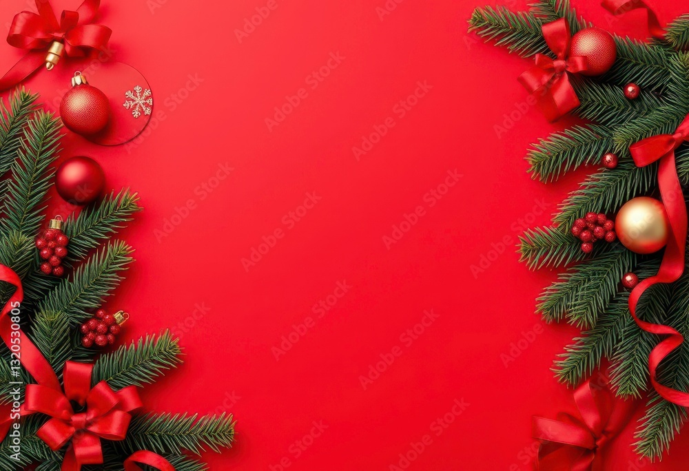 Festive red background bordered by pine, ornaments, and ribbons, festive, celebration Festive red background bordered by pine, ornaments, and ribbons, festive, celebration