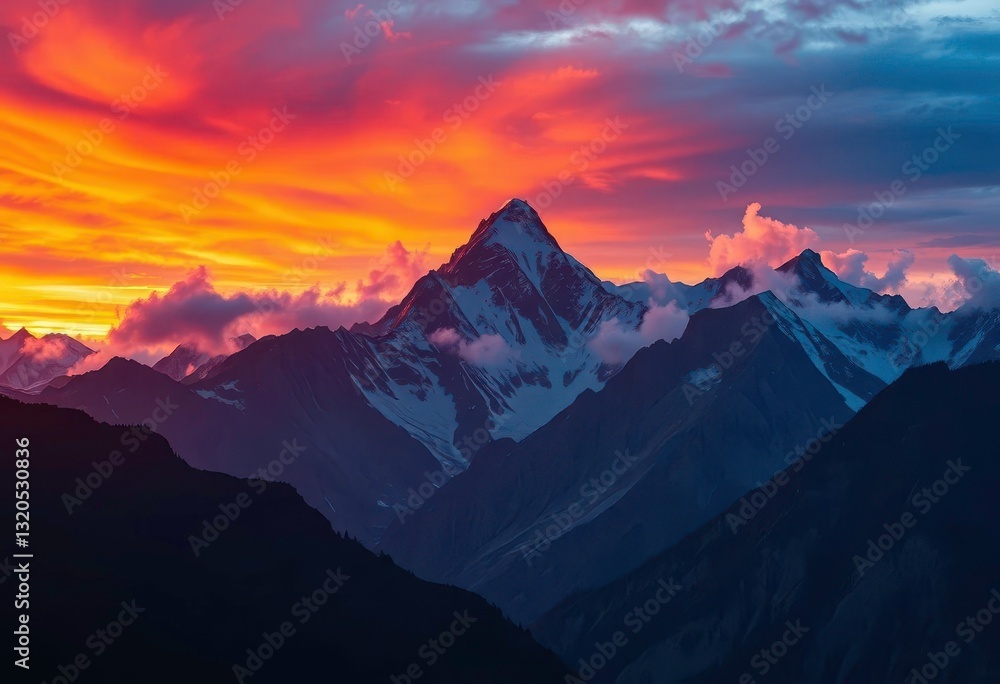Fiery hues paint peaks, clouds ignite, ethereal mountain sunset , purple, design Fiery hues paint peaks, clouds ignite, ethereal mountain sunset , purple, design