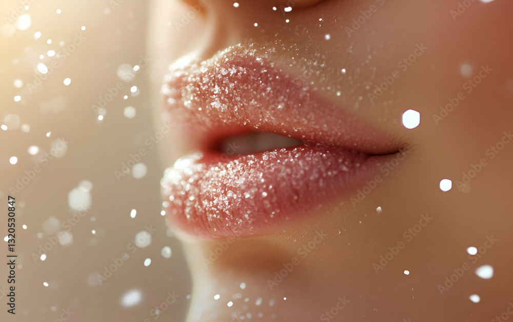 Fototapeta premium Close-up of shimmering, glittering lips against a soft, dreamy background, capturing beauty and elegance.