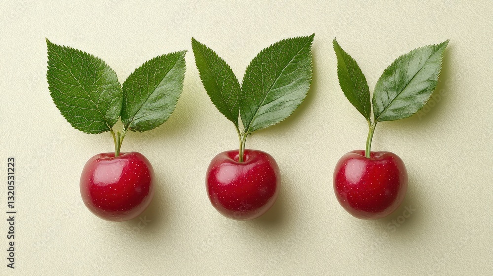 Obraz premium Three ripe cherries each with two fresh green leaves are shown