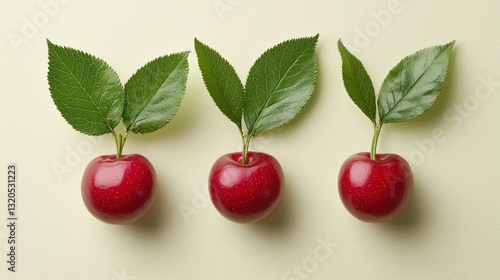 Wallpaper Mural Three ripe cherries each with two fresh green leaves are shown Torontodigital.ca