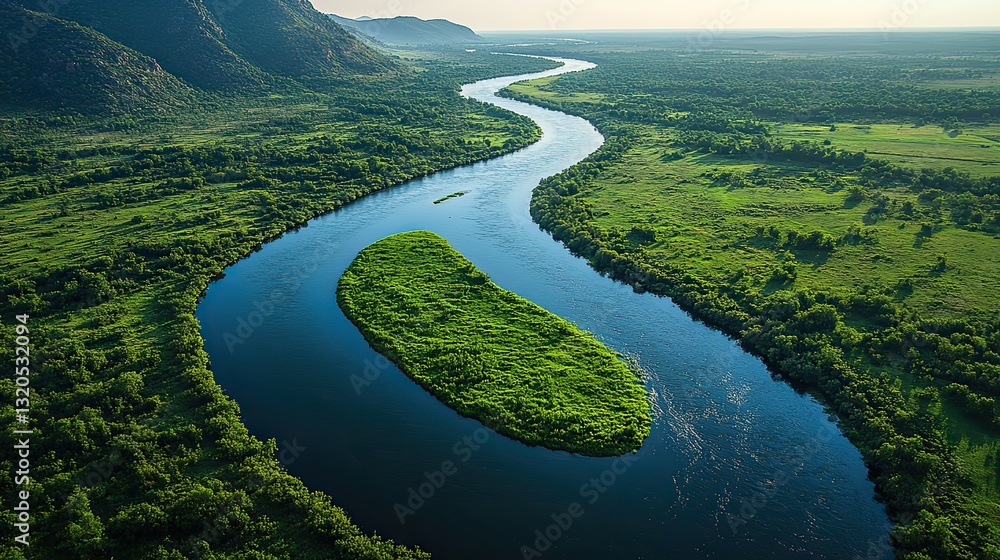 A pristine river winds through green land, a mesmerizing serpentine pattern. A pristine river winds through green land, a mesmerizing serpentine pattern.