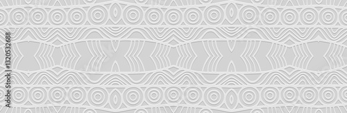 Banner, cover design. Geometric ethnic creative 3d pattern with circles, white background, embossing. Primitivism, boho style. Ornaments, arabesques, mandala of the East, Asia, India, Mexico, Aztec.