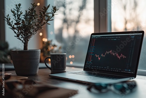 financial analyst working on crypto report their laptop screen reflecting bright trading data against dark modern office