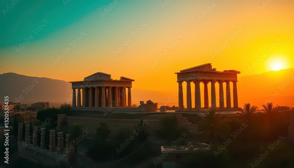 Fototapeta premium Golden hour bathes ancient temple, serene landscape unfolds below, majestic, majestic