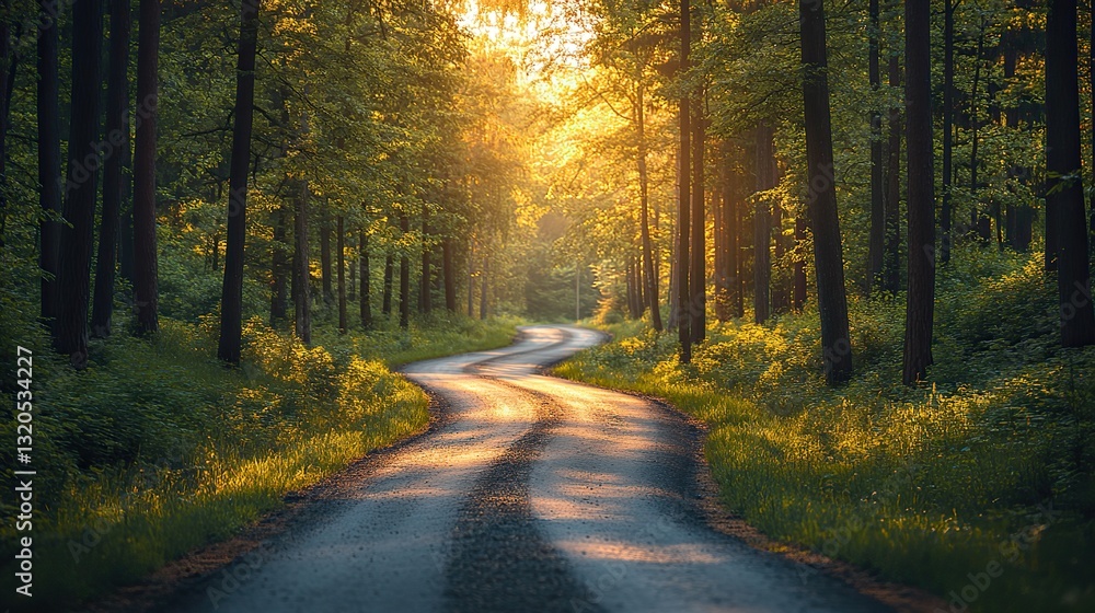 Obraz premium A scenic route winds through a green forest, bathed in summer sunlight.