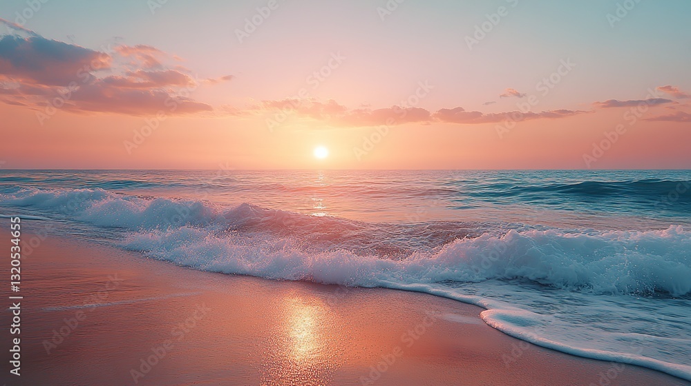 Fototapeta premium A serene, peaceful atmosphere, perfect for backgrounds or travel projects, is created by gentle waves washing onto a sandy beach at pastel sunrise.