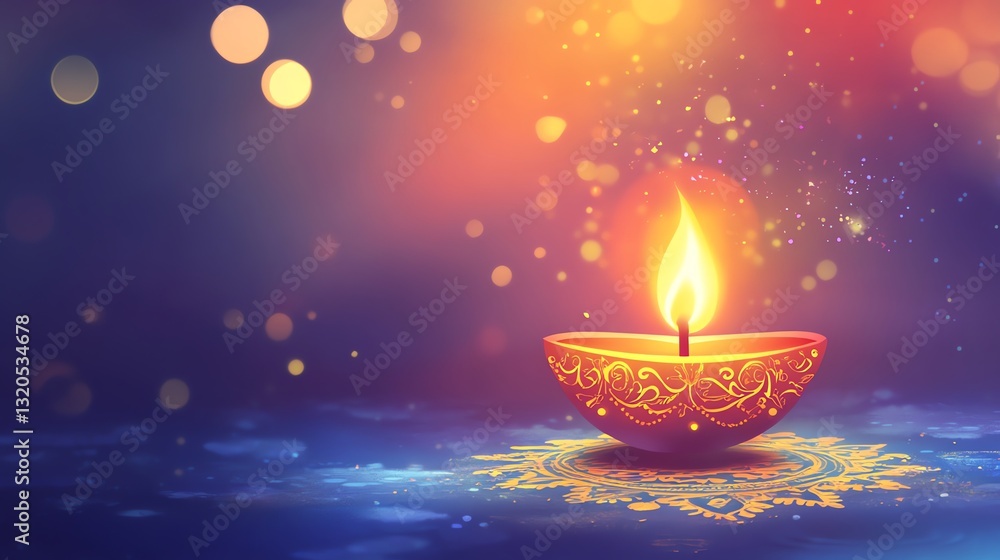 Glowing Diwali Oil Lamp with Festive Ornament and Bokeh Background Glowing Diwali Oil Lamp with Festive Ornament and Bokeh Background