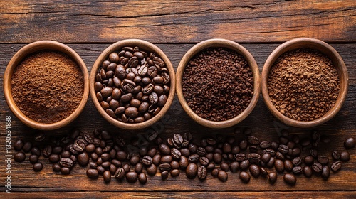 Different coffee stages displayed on a wooden table
