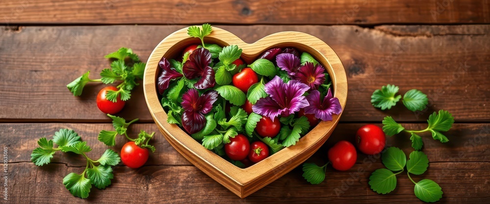 Heart-shaped wooden bowl overflowing with vibrant fresh greens on rustic wood table, diet, salad Heart-shaped wooden bowl overflowing with vibrant fresh greens on rustic wood table, diet, salad